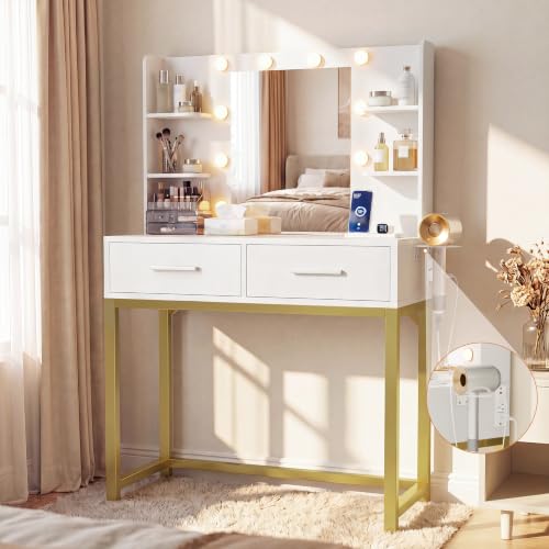 Small Vanity Desk with LED Mirror, Charging Station and Storage Drawers