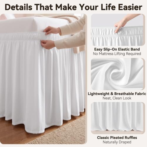 White Twin XL Bed Skirt 32 Inch Drop - Elastic Wrap Dust Ruffle for Dorms