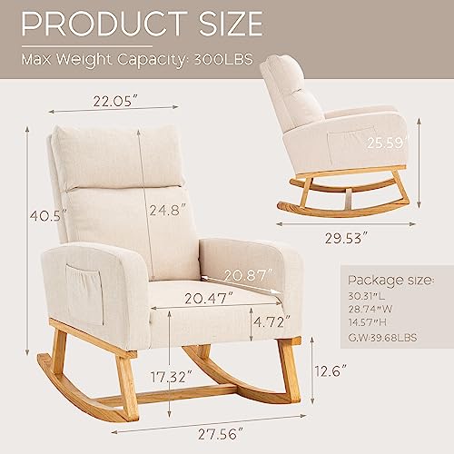 Modern Upholstered Nursery Rocking Chair with Side Pocket - Beige