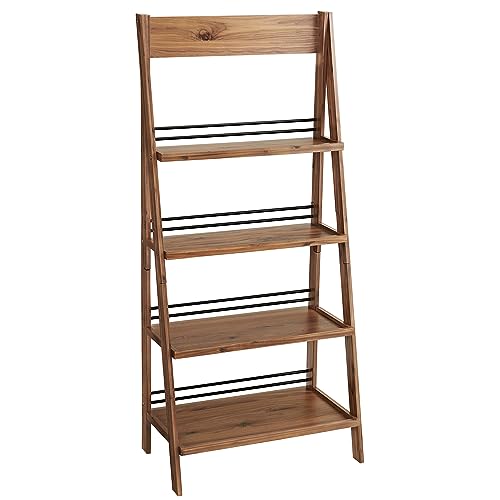 4-Tier Ladder Bookshelf, Rustic Wood Standing Bookcase with X-Back Frame