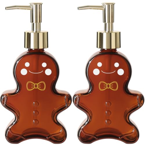 VIMERPA 2-Pack Gingerbread Man Soap Dispensers with Amber Glass, 10 fl oz, Gold Pump