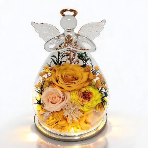 SerPro Preserved Rose Angel Figurine with Warm LED Lights in Glass Dome (Yellow) — Gifts for Women