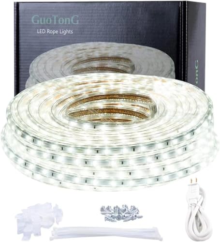 GUOTONG 50ft Outdoor Waterproof LED Rope Lights Cool White 3000K Cuttable Connectable