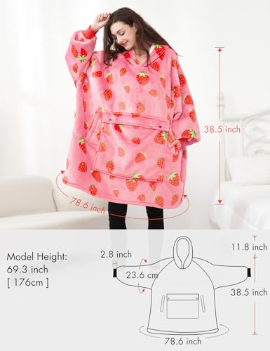 Oversized Strawberry Wearable Blanket Hoodie with Sherpa Lining