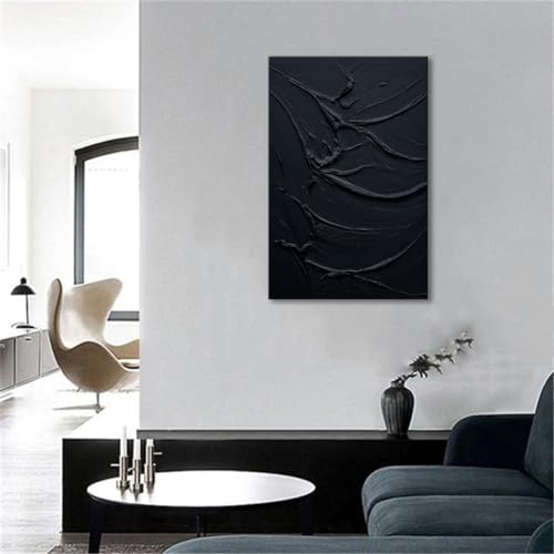 Minimalist Black Textured Oil Painting on Canvas 24x36 Inch Vertical Wall Art