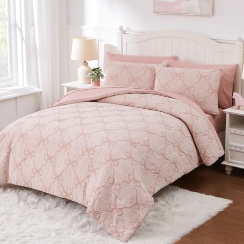 Pink Bow Twin Comforter Set with Sheets - 5-Piece Girls Bedding Set