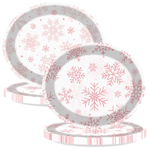 Temicle Rustic 50 Pcs Christmas Oval Paper Plates 9 x 11in Pink Snowflake – Disposable Holiday Dinner Plates