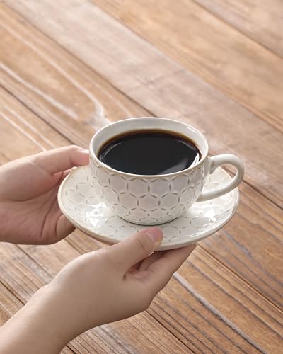 MALACASA 6 oz Cappuccino Cups & Saucers Set - Embossed Latte Mug Set of 4