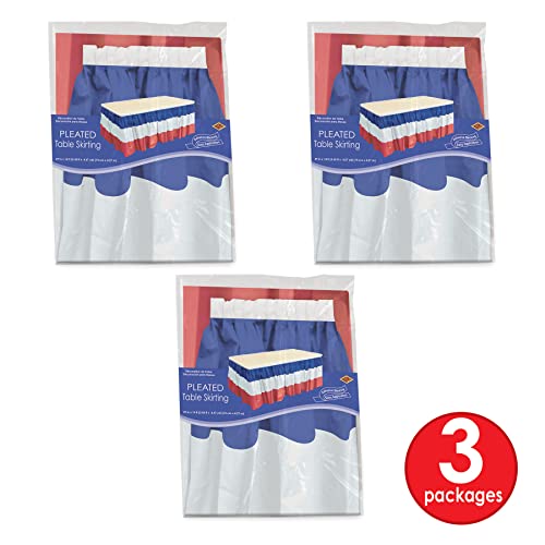 Beistle 3-Pack Plastic Patriotic Table Skirts, Red, White, & Blue, Fourth of July & Memorial Day Party Supplies, France Themed Party Decor, 29" x 14'