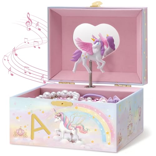 Unicorn Musical Jewelry Box for Girls with Spinning Doll - Letter A