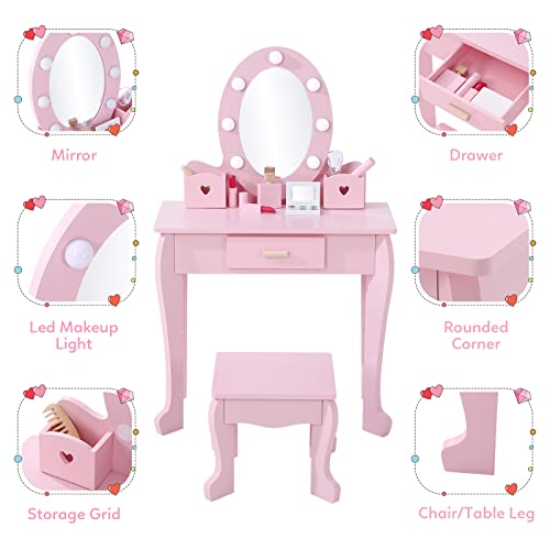 Kids Vanity Table and Stool Set with Lighted Mirror and Makeup Playset