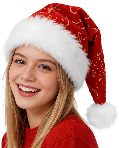 Christmas Snowflake Santa Hat for Adults – Thick Velvet Red Holiday Hat