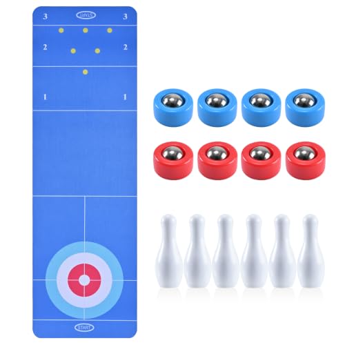 3-in-1 Tabletop Game Set: Curling, Shuffleboard, and Bowling - 21-Inch Mat