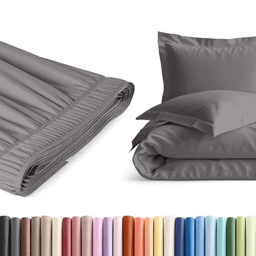 King Size Bed Skirt and Duvet Cover Set - Dark Grey Brushed Microfiber