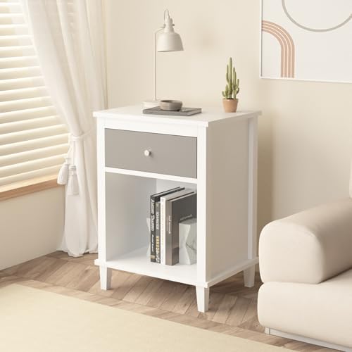 Modern Kids Nightstand with Drawer and Storage Shelf - Grey Wood