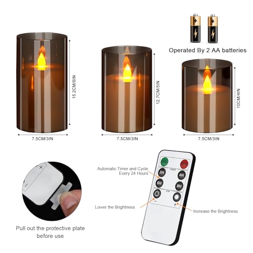 Flameless LED Pillar Candles Set with Remote & Timer - Gray 3 Pack