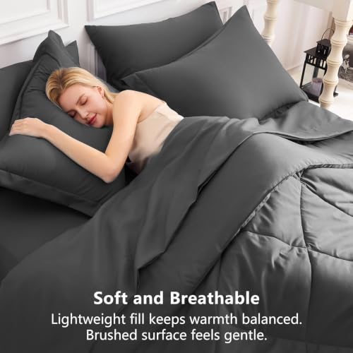CozyLux Queen Comforter Set 7-Piece Bed in a Bag Dark Grey Microfiber