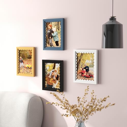 8x10 Yellow Wooden Picture Frame with Wavy Mat & Real Glass for Wall & Tabletop
