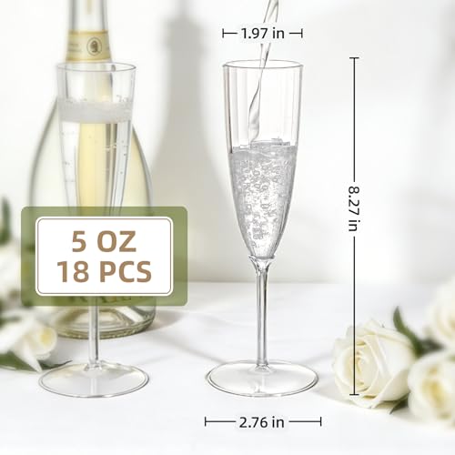 QualQuot 18 Pack Clear Plastic Champagne Flutes 5 oz for Weddings & Parties