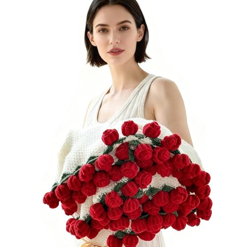 Red 43'' Crochet Flower Blanket - Handmade Rose Bouquet Throw Gift for Women