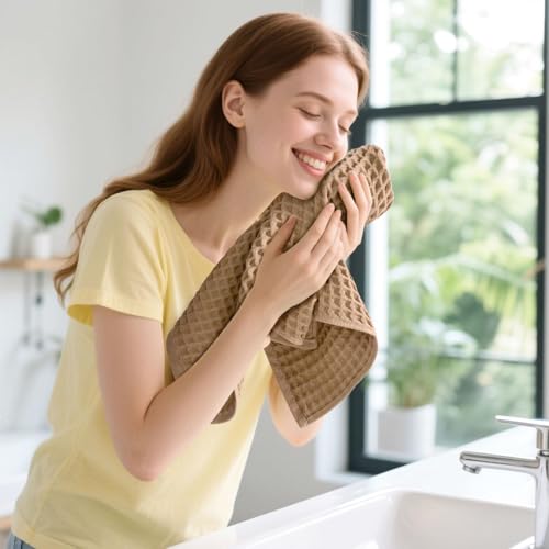 Waffle Weave Cotton Hand Towels - 2-Piece Set, 13" x 29", Tan