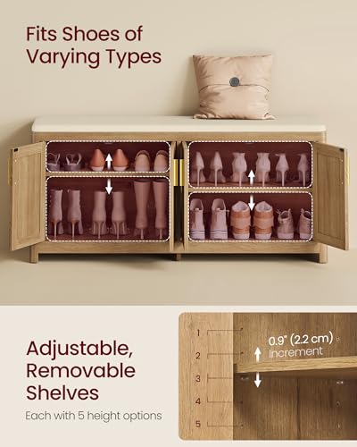 Boho Shoe Storage Bench with Cushion and 4 Rattan-Look Cabinet Doors