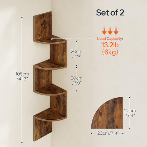 4-Tier Wall-Mounted Corner Floating Shelves, Rustic Brown Set of 2