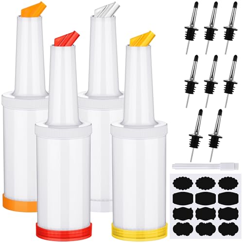 Ruisita 4-Pack 34oz Plastic Juice & Liquor Pour Bottles with Stainless Steel Spouts - Multicolor Bar Containers
