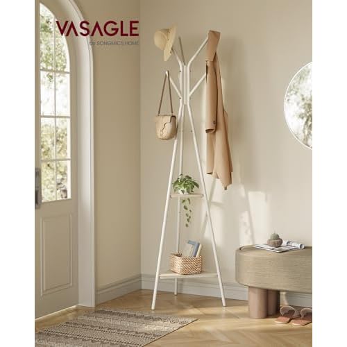 VASAGLE Coat Rack Freestanding, Coat Hanger Stand, Hall Tree with 2 Shelves, for Clothes, Hat, Bag, Industrial Style, Natural Beige and Pearl White URCR016N01