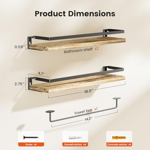 Floating Bathroom Shelves with Detachable Towel Bar, Set of 2