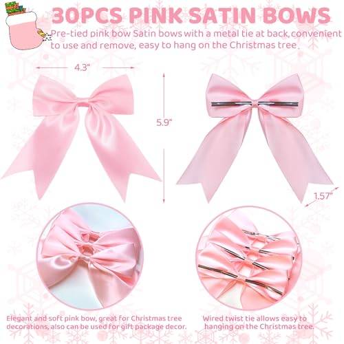 Pink Satin Ribbon Bows Set - Christmas Tree, Wreath & Gift Wrap Decorations