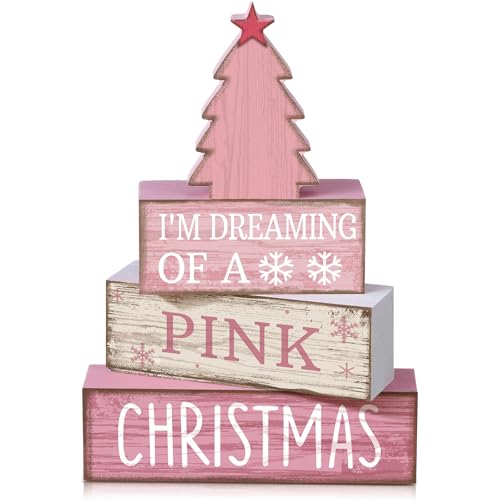 Lineshading Pink Christmas Tree Sign 4-Piece Wooden Table Decor Set
