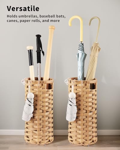 Hand Woven Rattan Umbrella Stand with Drip Tray and 4 Hooks, 16.5-inch