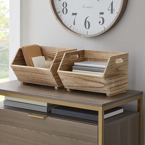 Natural Wood Stackable Storage Bins, Open Front Organizing Crates, Set of 2