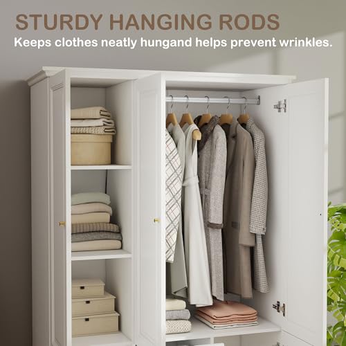 Tall 3-Door Wardrobe Armoire with Drawers and Shelves - White Bedroom Closet