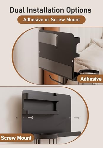 Wall-Mounted Bedside Organizer with Cup and Tissue Holder - White Metal