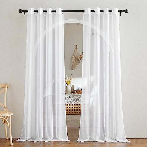 White Sheer Grommet Curtains 84 Inches Long - Light Filtering Drapes (2 Panels)