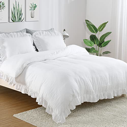 White Ruffle Queen Duvet Cover Set - 3-Piece Washed Microfiber Bedding