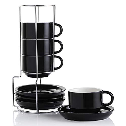 Sweejar Black Ceramic Espresso Cups Set of 4 (4 oz) with Saucers & Metal Stand