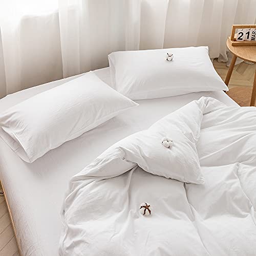 100% Washed Cotton Duvet Cover Set - 3-Piece Queen Bedding, Soft White