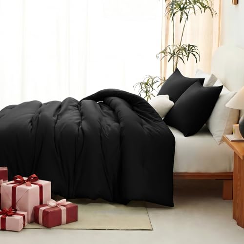 Queen Size Comforter Set - 3-Piece All Season Down Alternative Bedding, Black