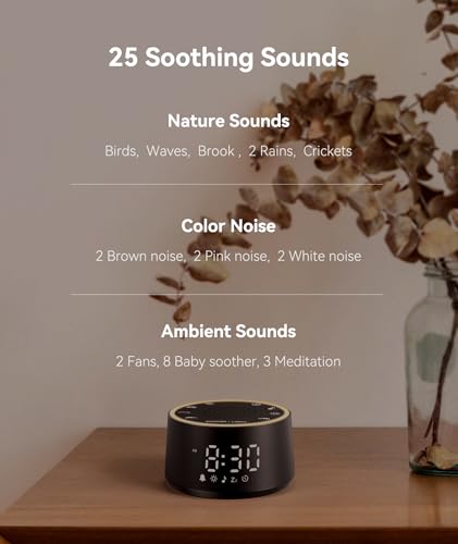 White Noise Machine Alarm Clock for Sleep - 25 Soothing Sounds & Dimmable Display