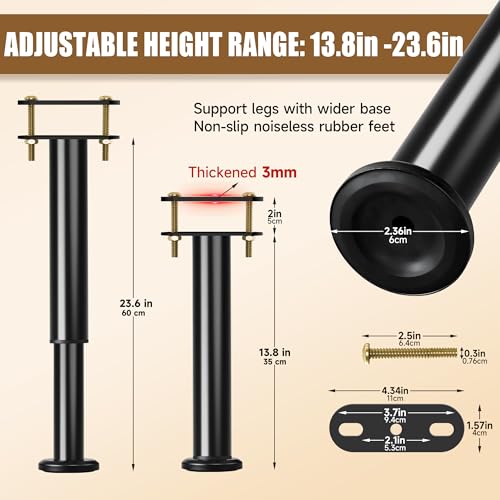 Adjustable Bed Frame Support Legs - 13.8 to 23.6 Inch Heavy Duty Metal Kit