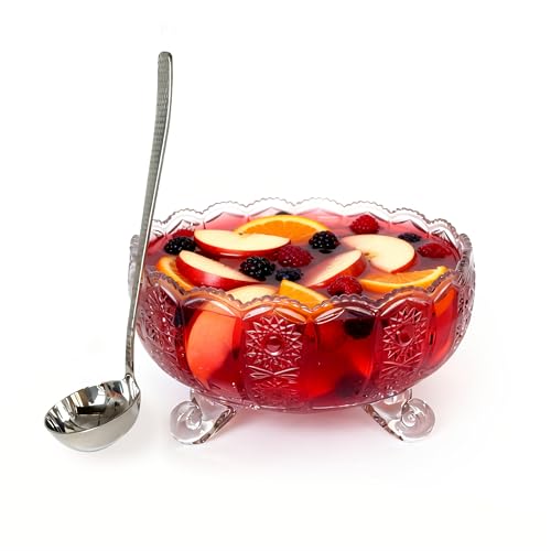 10-Inch Glass Punch Bowl Set with Stainless Steel Ladle - 3L Serving Bowl