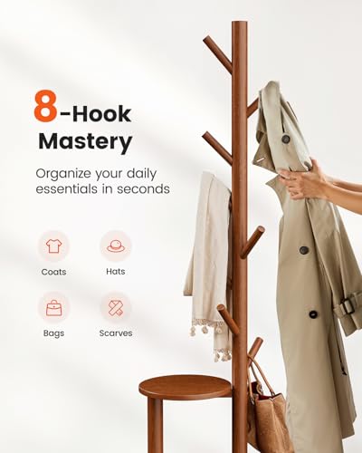 Solid Wood Freestanding Coat Rack with 8 Hooks & Storage Shelves, Brown