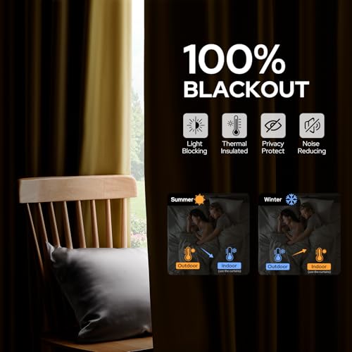 HOMEIDEAS Gold Faux Silk Blackout Curtains 52x84 Inches - Pack of 2, Room Darkening Drapes