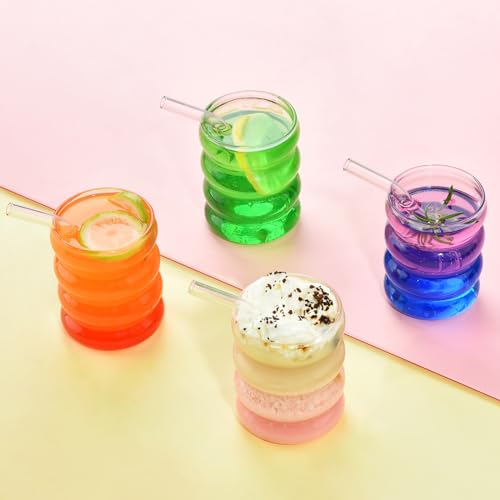 16 oz Wave Shape Drinking Glasses with Lids and Straws - Set of 4