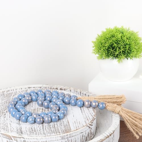 39-inch Wooden Bead Garland with Jute Tassels, Rustic Farmhouse Decor