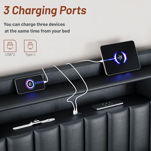 King Size Upholstered Bed Frame with Storage Drawers & Charging Ports