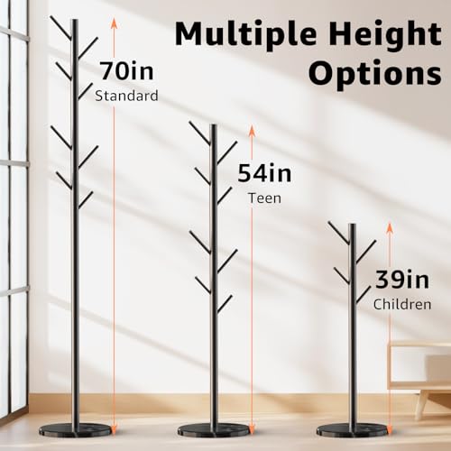 Freestanding Coat Rack with Marble Base, 8-Hook Metal Coat Tree, Adjustable